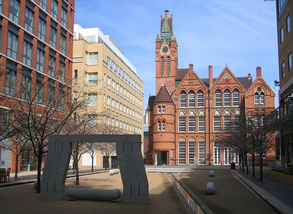 Oozells Square and the Ikon Gallery which shows exhibitions of contemporary art. Once a former Board School. By David Stowell.